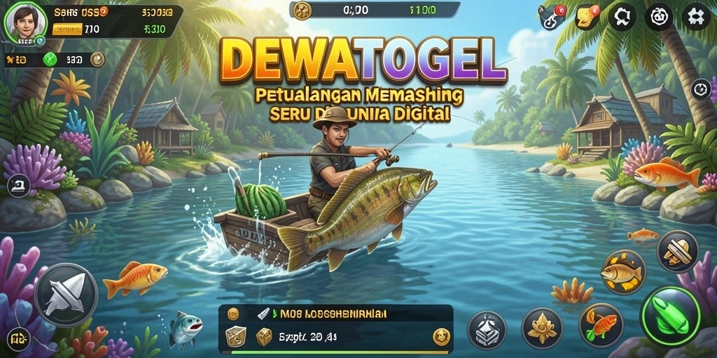 Screenshot utama DEWATOGEL menampilkan aksi seru saat memancing ikan.