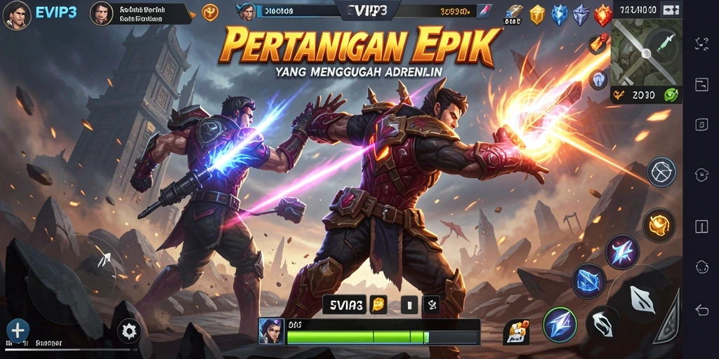 Screenshot gameplay EVIP3 yang menunjukkan pertarungan seru antara karakter.