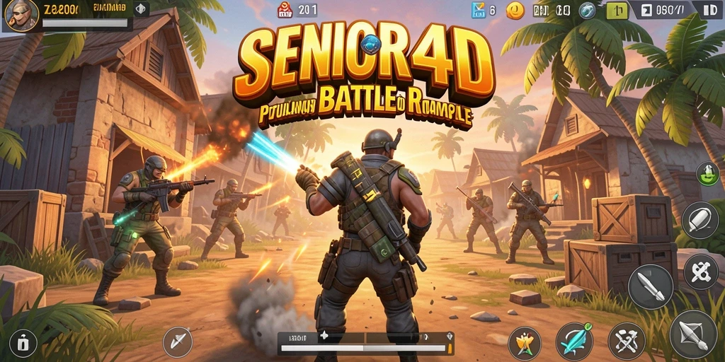 Gambaran aksi intens dalam gameplay SENIOR4D Battle Royale.