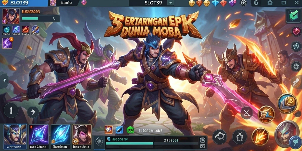 Tampilan epik dari gameplay intens di SLOT39 yang menggambarkan aksi MOBA.