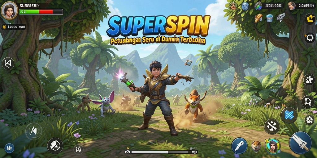 Screenshot gameplay SUPERSPIN yang menunjukkan petualangan seru di dunia terbuka.